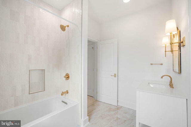 full bathroom with bathtub / shower combination, vanity, baseboards, and marble finish floors