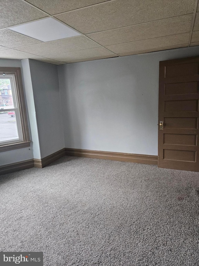 unfurnished room with carpet, baseboards, and a drop ceiling