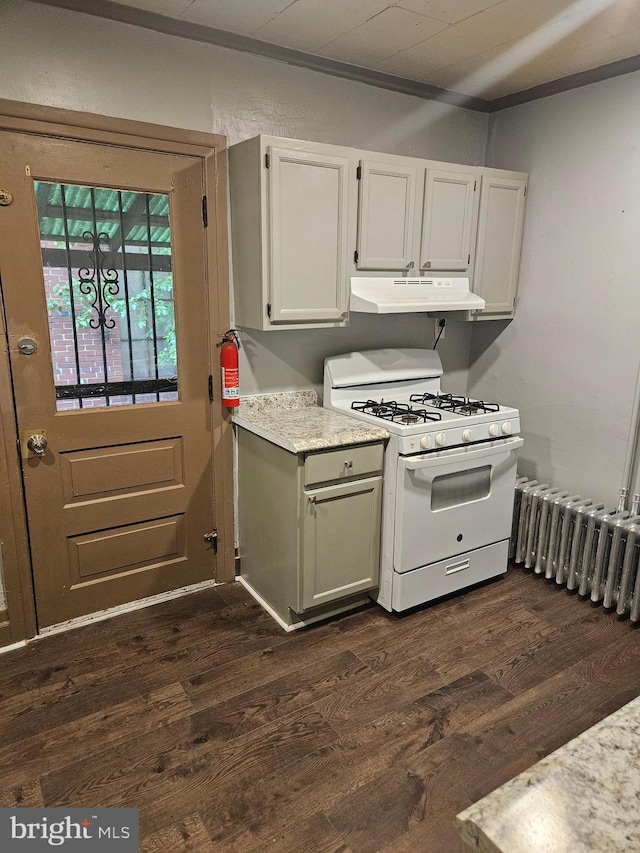 kitchen with gas range gas stove, under cabinet range hood, dark wood-style floors, light countertops, and white cabinetry