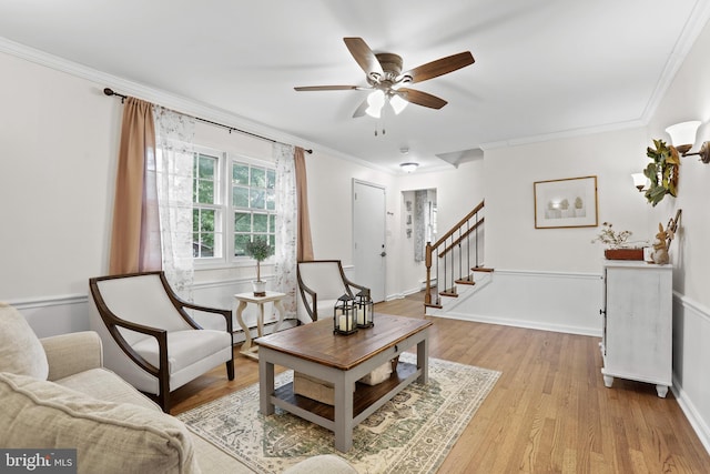 443 Deerwood Dr, Fredericksburg, VA 22401 - living area with light wood-type flooring, ornamental molding, stairs, a ceiling fan, and baseboard heating