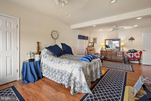 38967 Willow Ln, Fenwick Island, DE 19944 - bedroom with recessed lighting, wood finished floors, ceiling fan, and beam ceiling