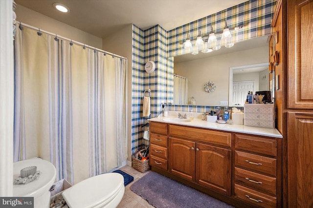 38967 Willow Ln, Fenwick Island, DE 19944 - bathroom with toilet, wallpapered walls, vanity, tile patterned flooring, and recessed lighting