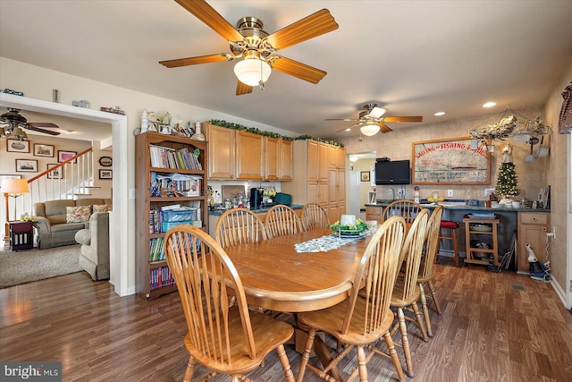 38967 Willow Ln, Fenwick Island, DE 19944 - dining room with ceiling fan, stairway, dark wood finished floors, recessed lighting, and baseboards