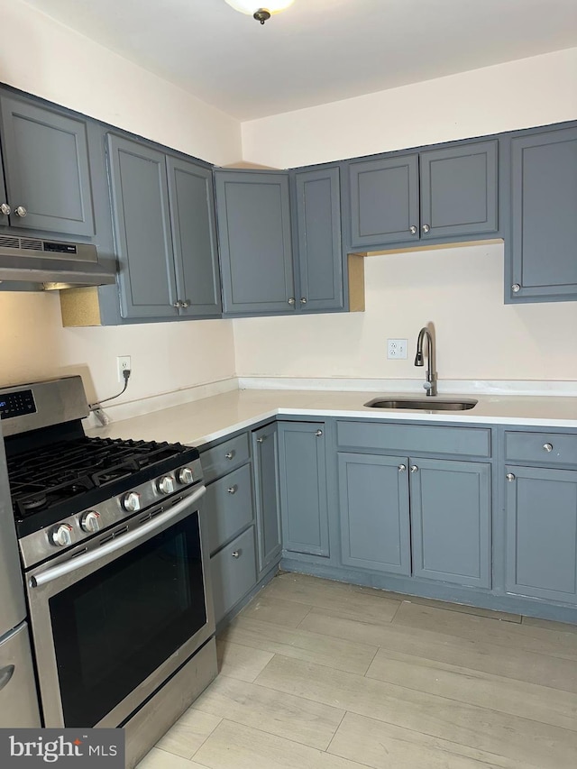 9250 Edwards Way Unit 101-A, Hyattsville, MD 20783 - kitchen with a sink, stainless steel gas stove, under cabinet range hood, light countertops, and fridge