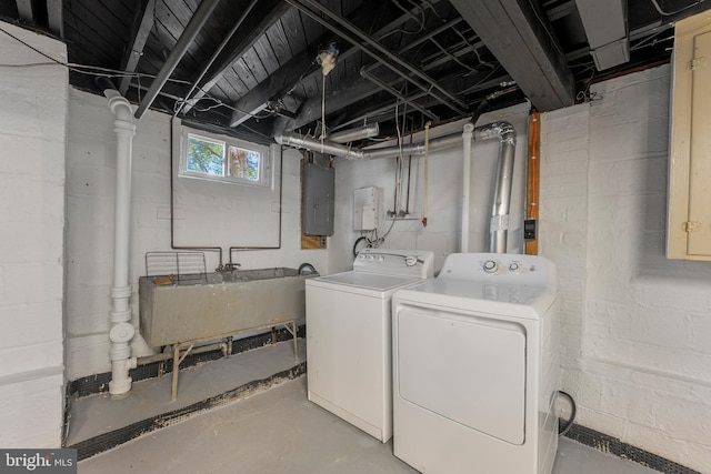 laundry area with washing machine and dryer, laundry area, electric panel, and a sink
