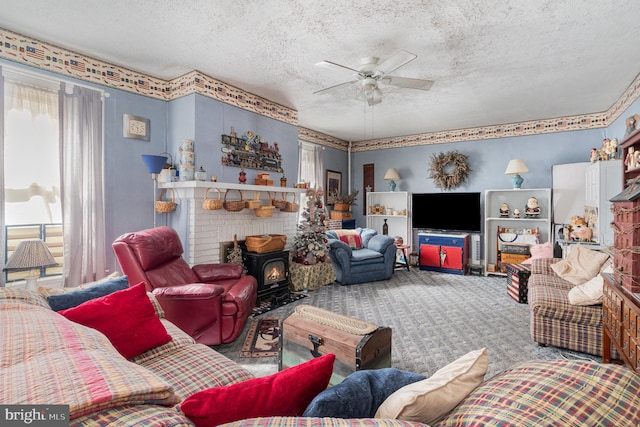 309 N N Morris St, Shippensburg, PA 17257 - living room with a textured ceiling, a wood stove, ceiling fan, and carpet