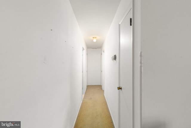 hallway featuring light colored carpet