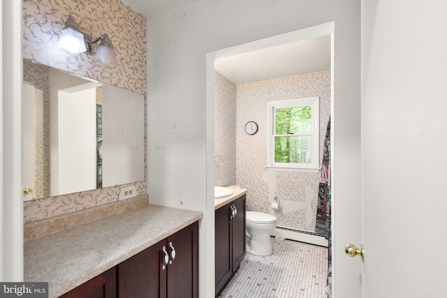 bathroom with wallpapered walls, toilet, a baseboard heating unit, tile patterned flooring, and vanity