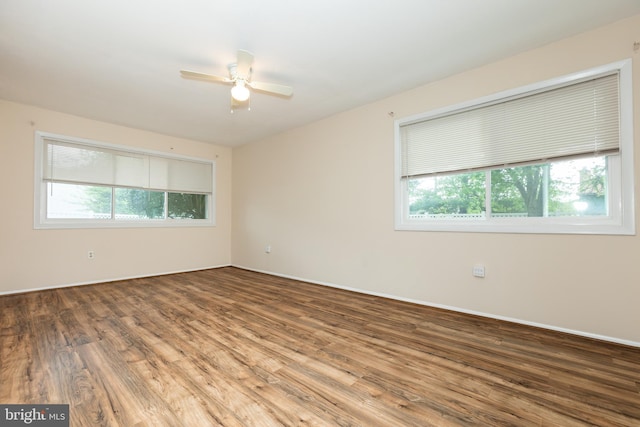 unfurnished room featuring a wealth of natural light, ceiling fan, and wood finished floors