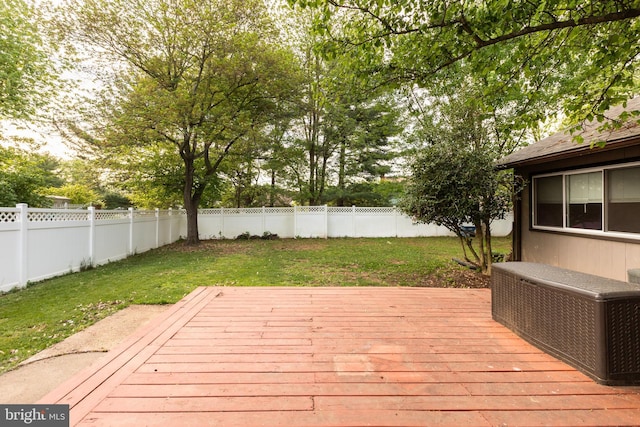 wooden terrace with a fenced backyard and a yard