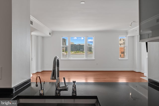 kitchen featuring healthy amount of natural light, crown molding, wood finished floors, and baseboards