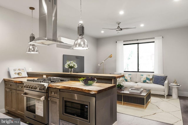10 Mccready Aly, Lambertville, NJ 08530 - kitchen with wood counters, appliances with stainless steel finishes, wall chimney exhaust hood, a ceiling fan, and recessed lighting