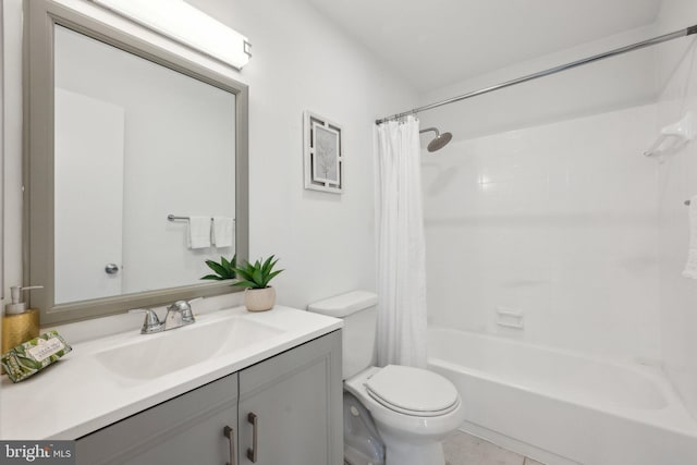 full bath with toilet, shower / bath combo, tile patterned flooring, and vanity