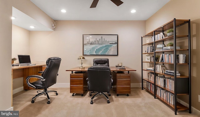 carpeted home office featuring baseboards, ceiling fan, and recessed lighting