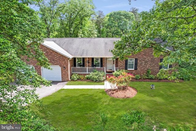 9180 Rolling Meadow Run, Pasadena, MD 21122 - ranch-style house with covered porch, a front yard, brick siding, a garage, and driveway