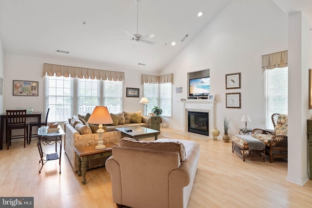 53 Willow Oak Ave Unit 53D, Ocean View, DE 19970 - living area with a ceiling fan, a fireplace, light wood-style flooring, high vaulted ceiling, and recessed lighting