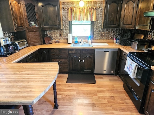 kitchen with a sink, a toaster, electric range, stainless steel dishwasher, and light wood-style floors