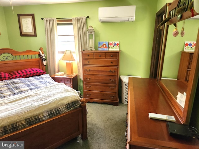 bedroom featuring a wall unit AC and carpet floors