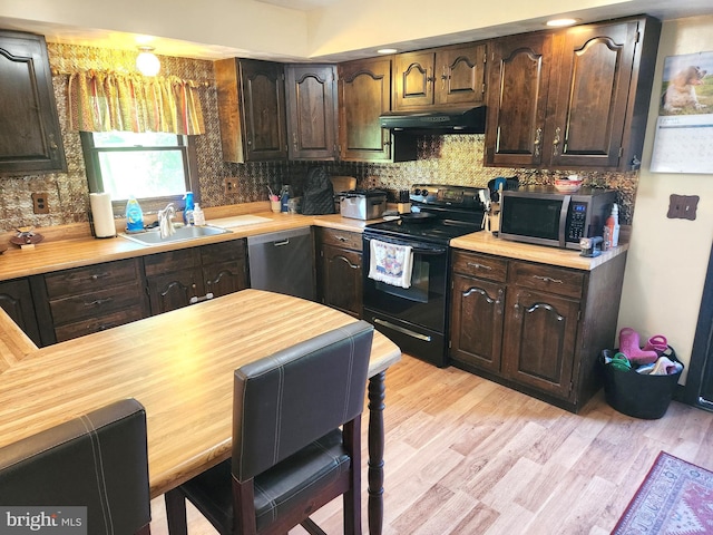 kitchen featuring dark brown cabinets, a sink, stainless steel appliances, backsplash, and under cabinet range hood