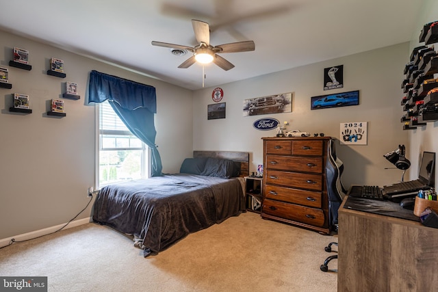 bedroom featuring carpet flooring, a ceiling fan, and baseboards