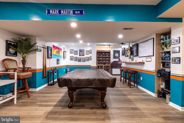 recreation room featuring wood finished floors, baseboards, billiards, and recessed lighting