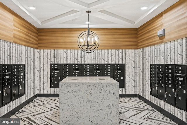 10755 Fairgrounds Dr Unit 320, Fairfax, VA 22030 - view of property's community featuring mail area, wallpapered walls, beamed ceiling, coffered ceiling, and recessed lighting