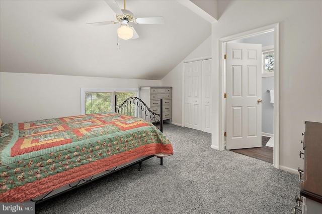 10 Riverside Ct, Ocean Pines, MD 21811 - carpeted bedroom with a closet, vaulted ceiling, ceiling fan, and baseboards