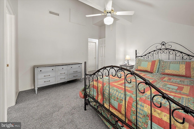 10 Riverside Ct, Ocean Pines, MD 21811 - bedroom featuring carpet, high vaulted ceiling, a ceiling fan, and baseboards