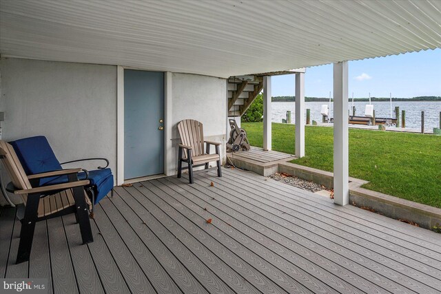 10 Riverside Ct, Ocean Pines, MD 21811 - wooden terrace featuring a water view, a dock, a yard, boat lift, and stairway