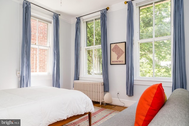 bedroom featuring radiator, baseboards, and wood finished floors