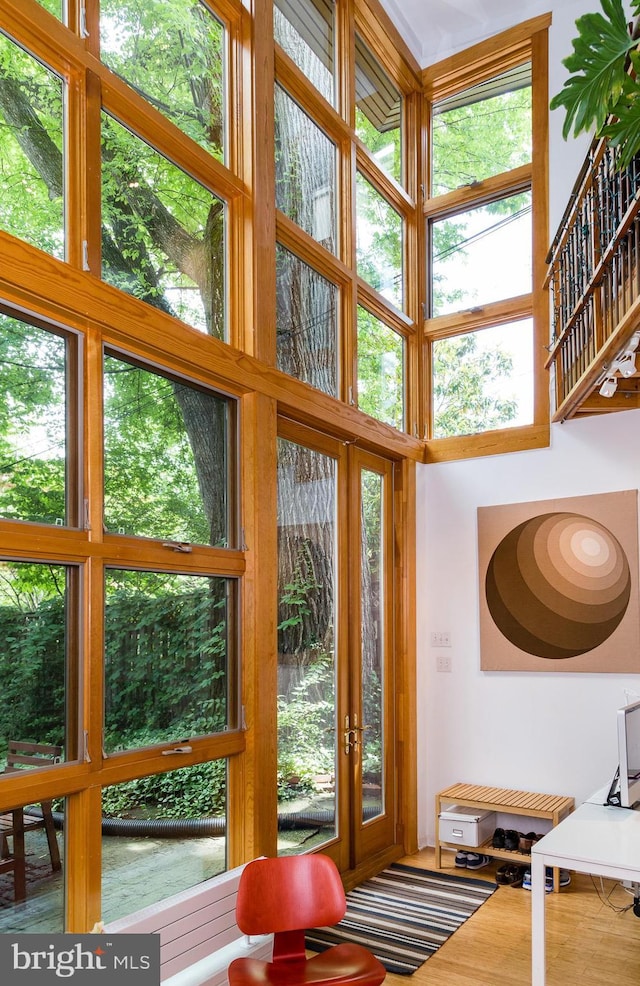 doorway to outside with a water view, a high ceiling, and wood finished floors