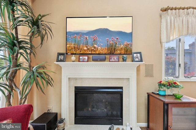 detailed view of a glass covered fireplace