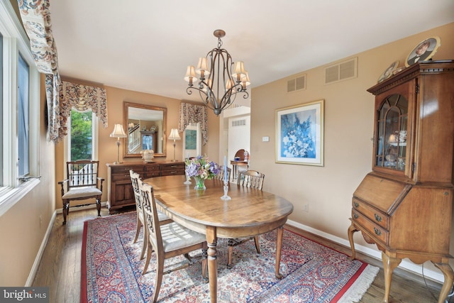 dining area with wood finished floors, a chandelier, and baseboards