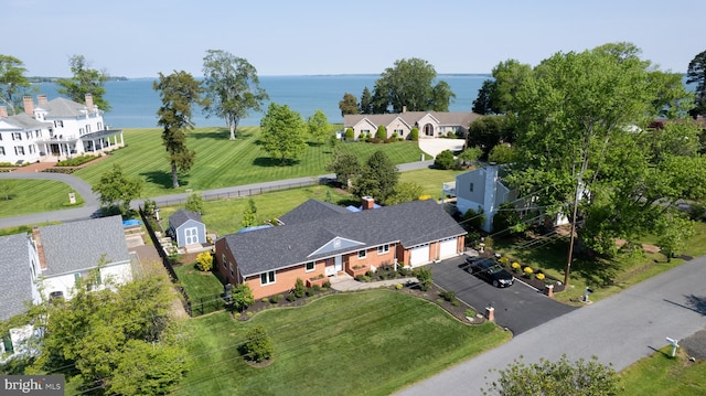 drone / aerial view featuring a water view