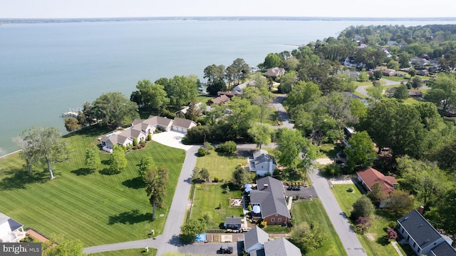 aerial view featuring a water view and a residential view