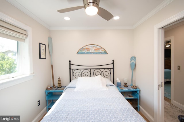 bedroom with baseboards, ceiling fan, recessed lighting, and crown molding