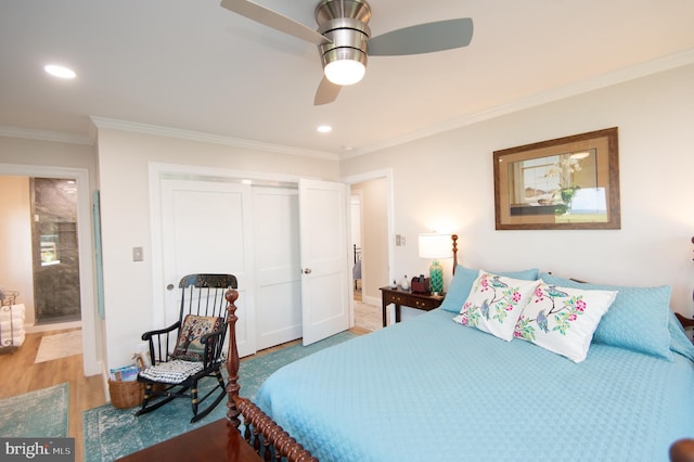 bedroom featuring ornamental molding, a closet, recessed lighting, and light wood-style floors