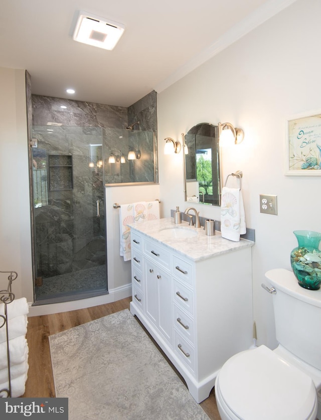 bathroom featuring a shower stall, toilet, wood finished floors, and vanity