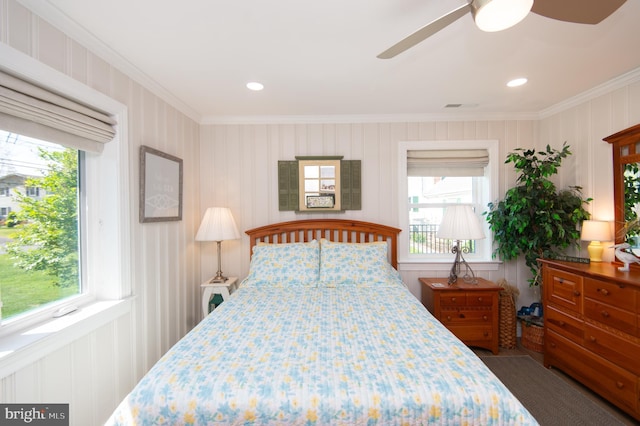 bedroom featuring ceiling fan, recessed lighting, visible vents, and crown molding