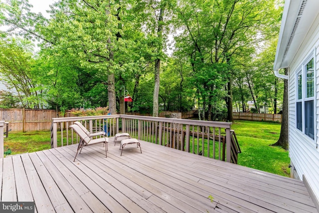 wooden terrace featuring a yard and a fenced backyard