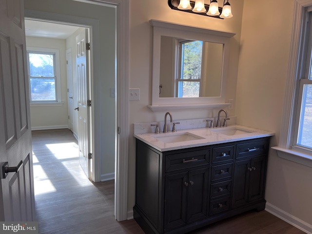 711 Tuckahoe Rd, Vineland, NJ 08360 - bathroom with a healthy amount of sunlight, a sink, and wood finished floors