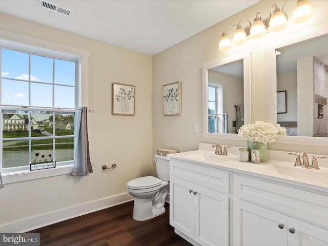 bathroom with plenty of natural light, wood finished floors, toilet, and double vanity