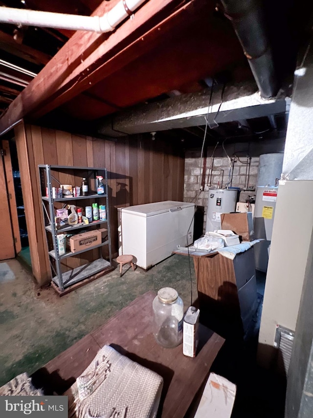 unfinished below grade area featuring electric water heater, wooden walls, and refrigerator