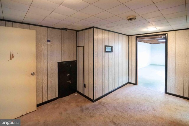 carpeted spare room with wooden walls