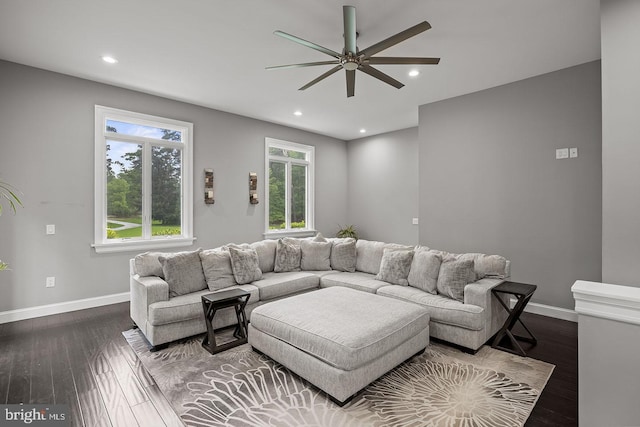 22 Grassy Lake Rd, Shamong, NJ 08088 - living room featuring a ceiling fan, baseboards, recessed lighting, and dark wood-style floors