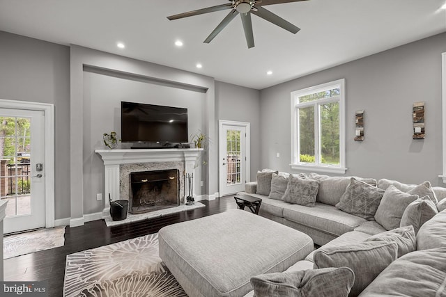 22 Grassy Lake Rd, Shamong, NJ 08088 - living room with a ceiling fan, recessed lighting, dark wood-type flooring, baseboards, and a high end fireplace