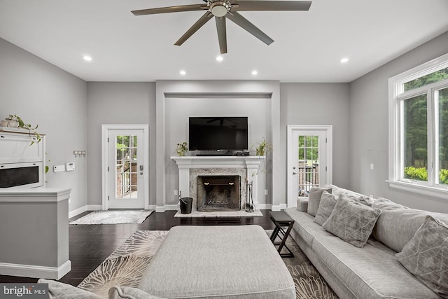 22 Grassy Lake Rd, Shamong, NJ 08088 - living area featuring dark wood finished floors, recessed lighting, plenty of natural light, and a ceiling fan