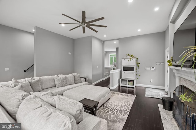 22 Grassy Lake Rd, Shamong, NJ 08088 - living room featuring a ceiling fan, dark wood finished floors, recessed lighting, a high end fireplace, and baseboards