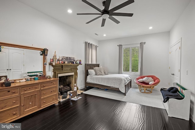 22 Grassy Lake Rd, Shamong, NJ 08088 - bedroom with dark wood finished floors, recessed lighting, a fireplace, ceiling fan, and baseboards