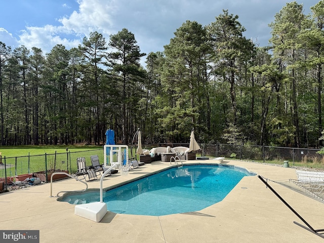 22 Grassy Lake Rd, Shamong, NJ 08088 - view of swimming pool featuring a patio, fence, a diving board, and a forest view